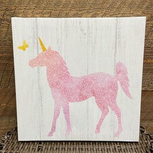 Unicorn Canvas Wall Decor Pink Floral Patterned Unicorn with Butterfly 12” x 12”
